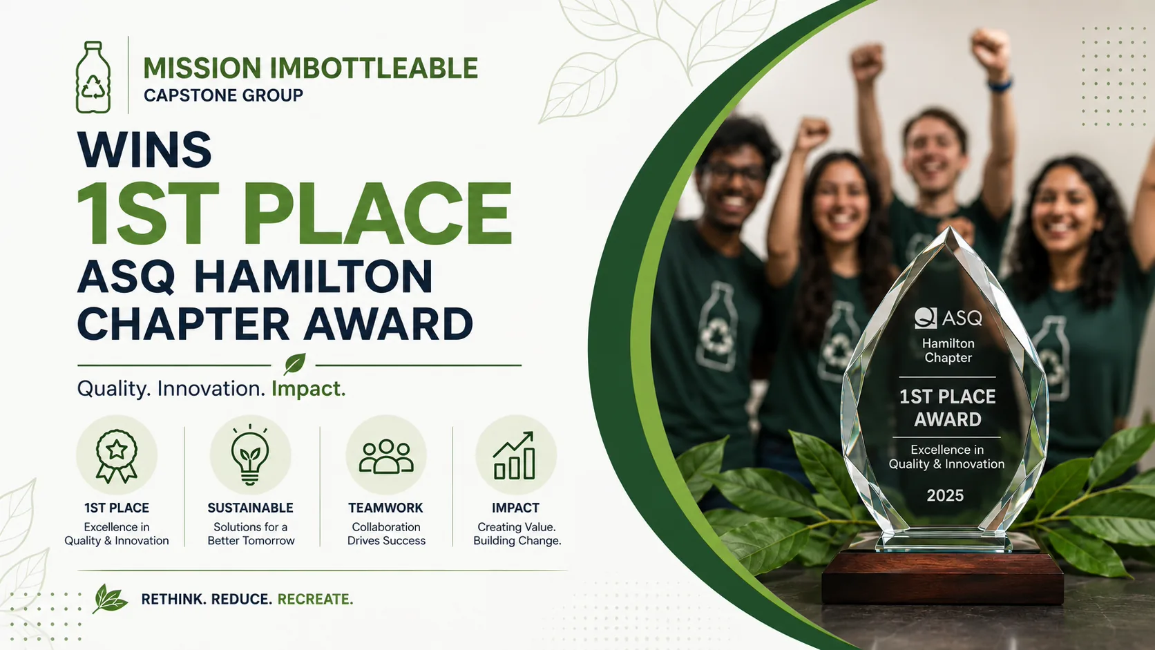 Mission Imbottleable Capstone Group Wins 1st Place ASQ Hamilton Chapter Award